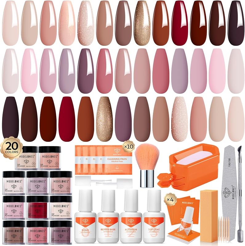Dip Powder Nail Kit Starter, 20 Colors Pink Red Brown Spring Summer Dipping Powder Liquid Set Base&Top Activator for French Nail Art Salon DIY Kit | Pink Red Brown Dipping Powder, Base Coat, Top Coat Activator Liquid Set French Nail Art for Salon Manicure