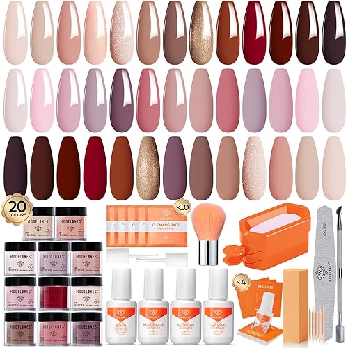 Modelones Dip Powder Nail Kit Starter, 20 Colors Pink Red Brown Dipping Powder Liquid Set Base&Top Activator for French Nail Art Salon DIY Kit
