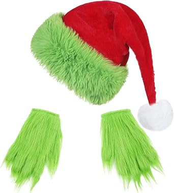 Christmas Hat Santa Hat with Green Gloves for Women or Men Xmas Green Monster Costume Party Supplies