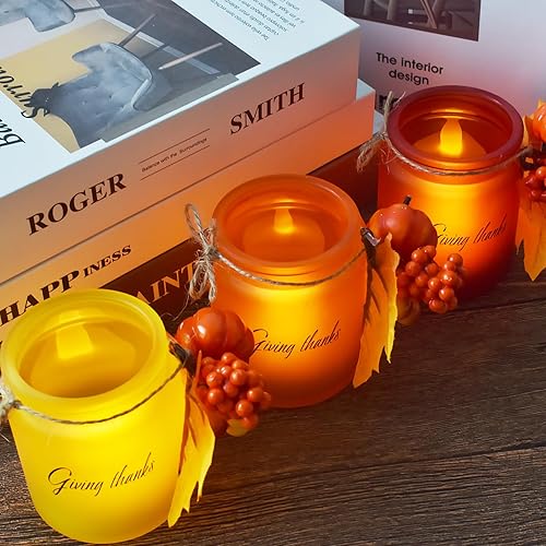 Decoración de mesa de Acción de Gracias, portavelas votivas, 3 piezas con velas LED, juego de velas de té ámbar, decoración de mesa de Acción de
