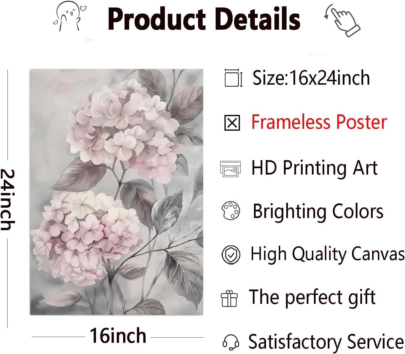 Large Pink Floral Canvas Wall Art Hydrangea Flower Pictures Modern Floral Prints Watercolor Flower Canvas Wall Art Pink Magnolia Painting Gray Flower Pictures Bloom Floral Painting 16x24inx3 No Frame