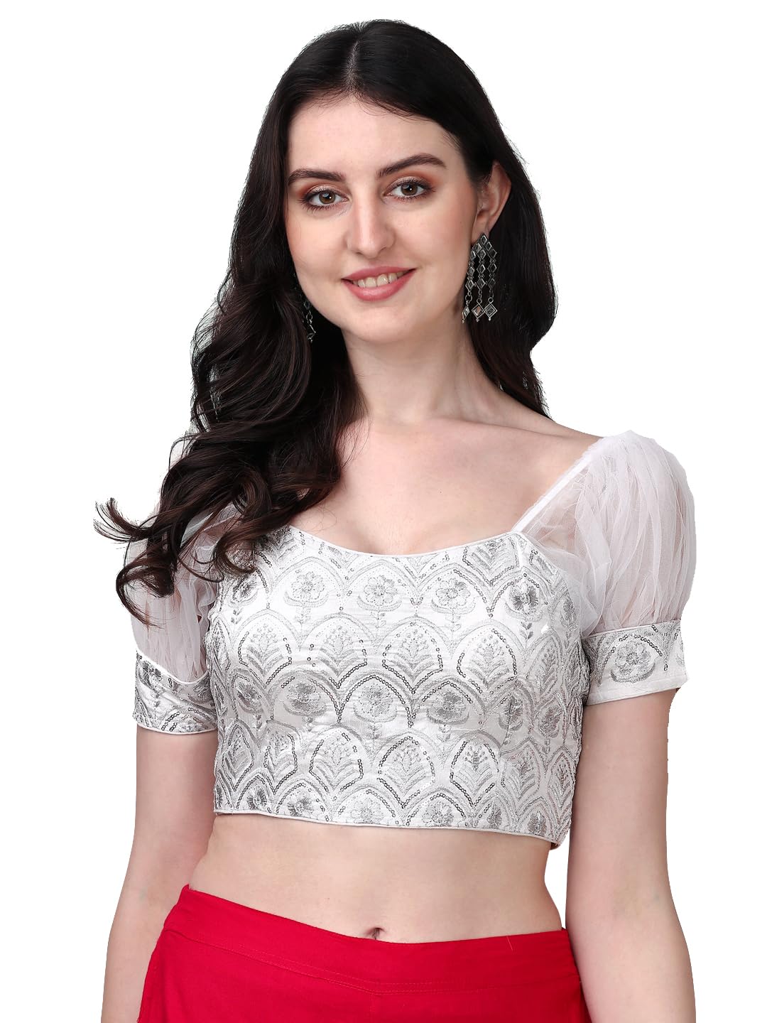 Pujia Mills Womens Net Fabrics Round Neck Puff Sleeve Blouse (White, 38)