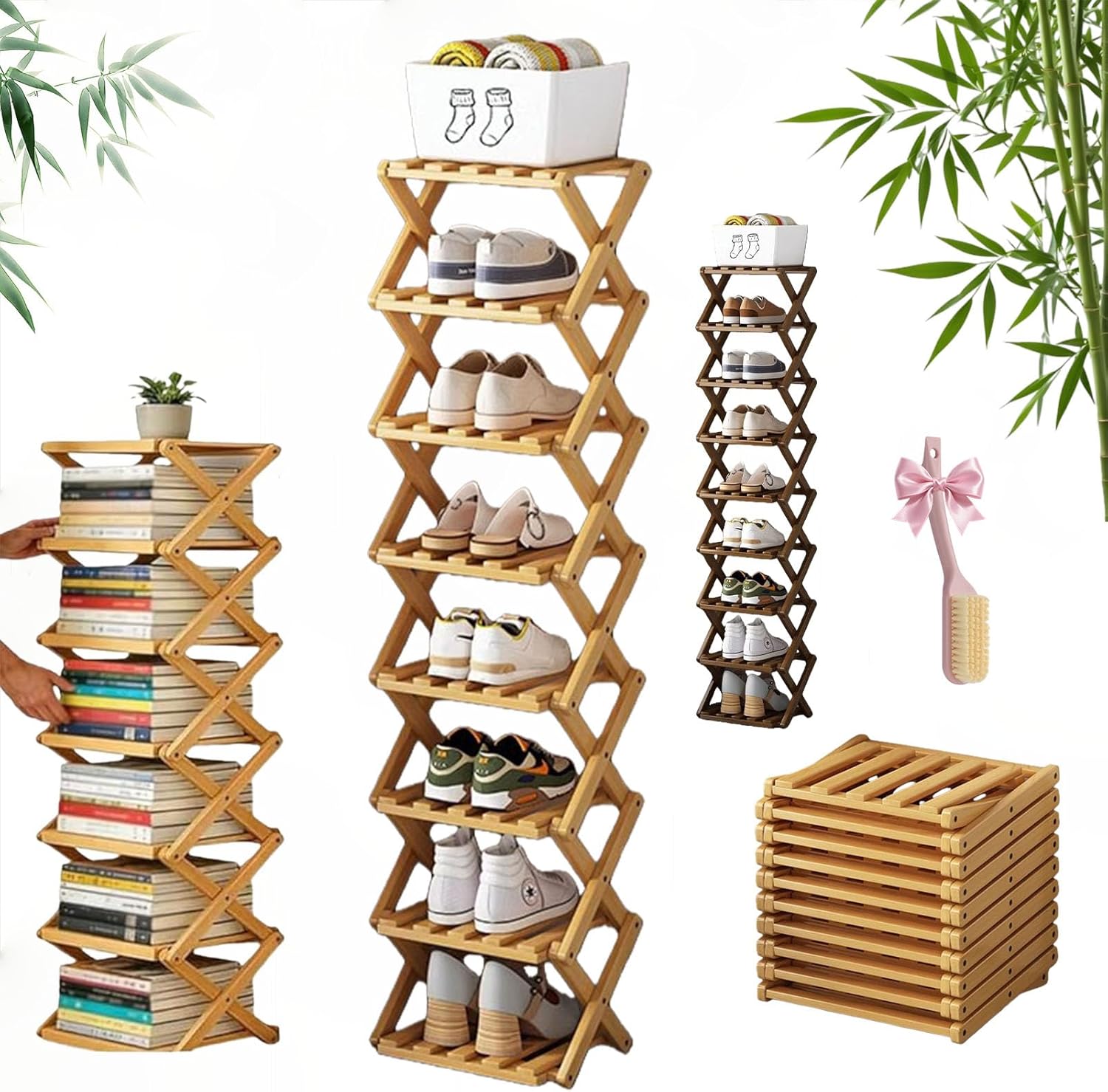 9 Tier No Assembly Bamboo Bookshelf 2026 Upgraded Foldable Shoe Organizer Space-Saving No Assembly Narrow Shoe Shelf for Entryway Closet Dorm 2-9 Tiersprimary Color,Third Floor