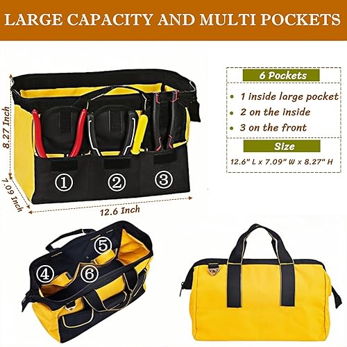 Miniatura 3 de BLIRITEL Bolsa de herramientas de 13 pulgadas para hombres con parte inferior dura impermeable, bolsa de herramientas de boca ancha resistente,