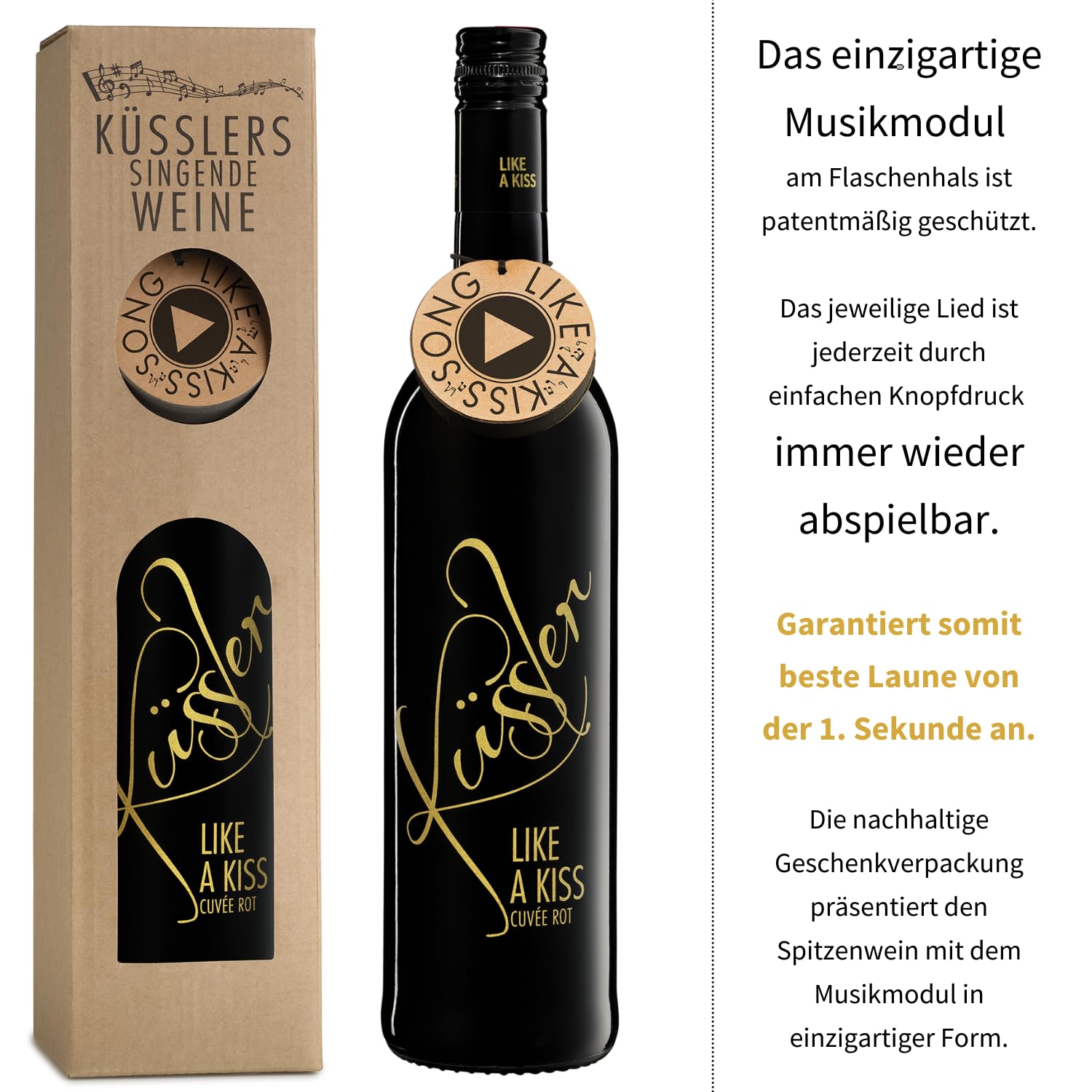 Neu! SINGENDER WEIN mit dem KÜSSLER-SONG – ein Cuvée rot mit dem Küssler-Song – im nachhaltigen Geschenkkarton – das ideale Weingeschenk!