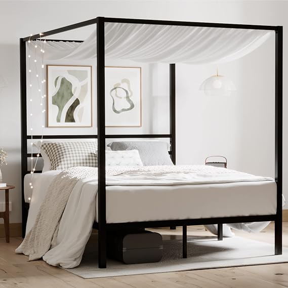 ikalido Full Size Metal Canopy Bed Frame, Heavy-Duty Support, Black