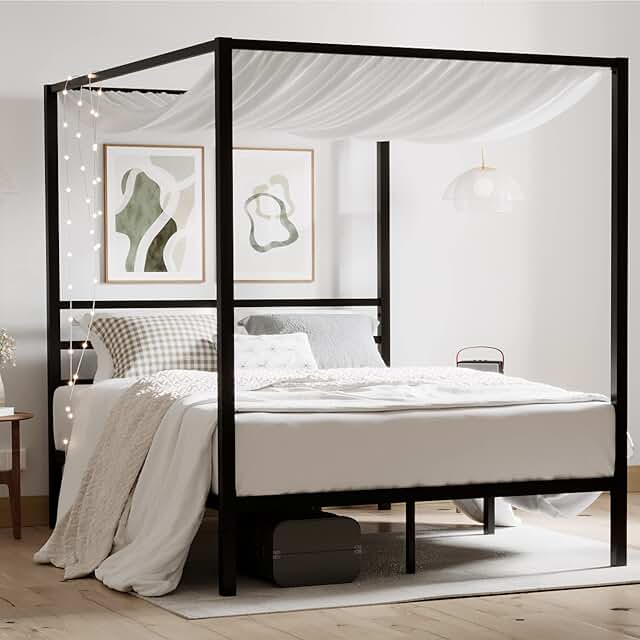 ikalido Queen Size Metal Canopy Bed Frame, Modern Four-Poster Platform B...