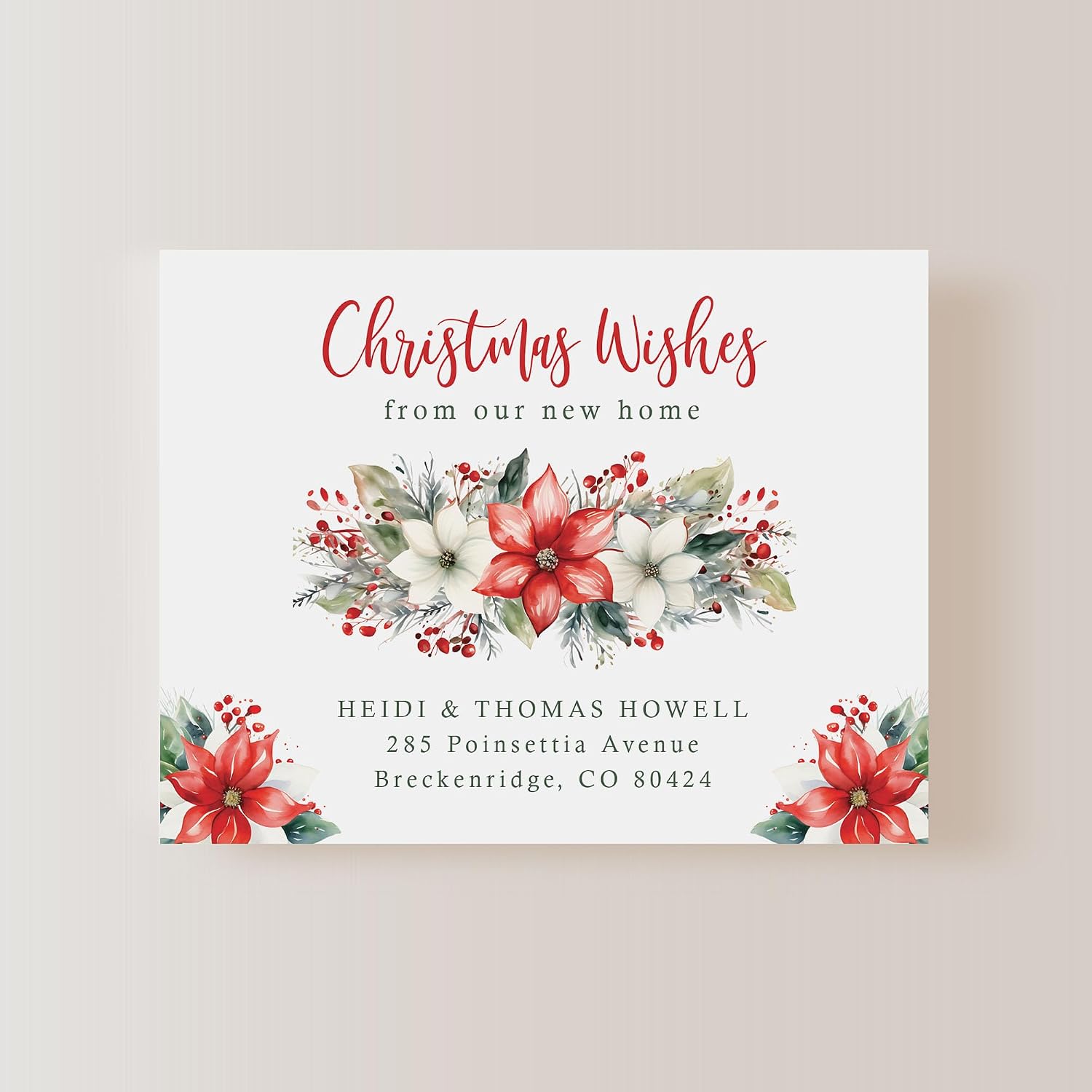 Christmas Poinsettia Moving Announcement Cards, Flat 5.5x4.25 Personalized Holiday New Address Cards with Envelopes