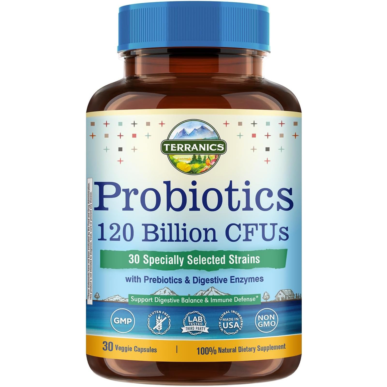 Terranics Probiotics 120 Billion with Prebiotics & Digestive Enzymes, 30 Tested Strains, Complete Digestion & Immune Support, Non-GMO, NO Soy, Dairy & Gluten, for Men and Women, 30 Veggie Capsules