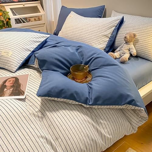 YHXBD Juego De Funda Nórdica De 3/4 Piezas, Juego De Cama A Rayas De Algodón Lavado, Juego De Funda De Edredón De Rayas Suaves De Lujo con Cierre De Cremallera,A-04,150x200cm