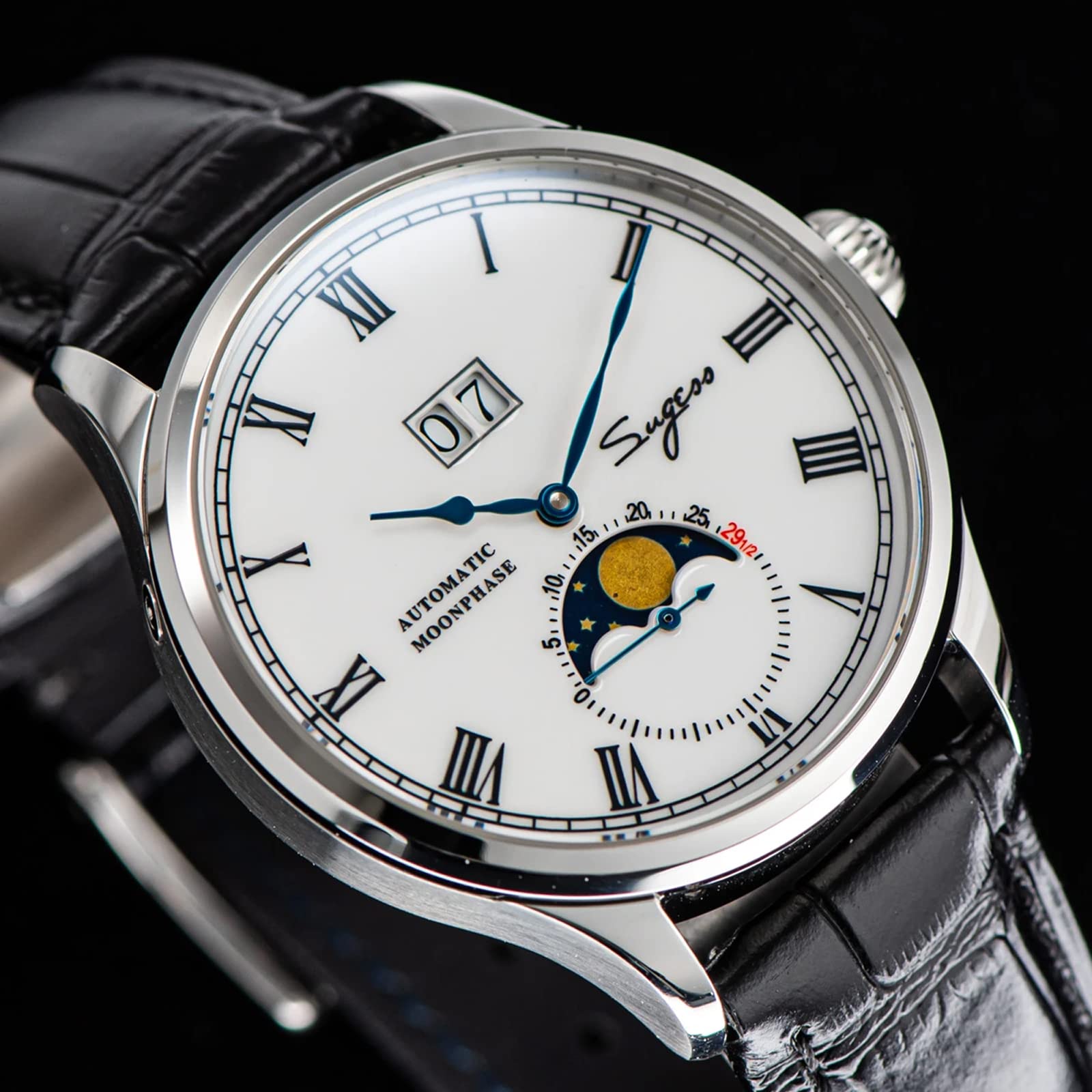 Sugess SU2528SS MoonPhase Master Seagull ST2528 Movimiento zafiro cristal reloj mecánico automático de los hombres 1963, negro, 41mm, Correa