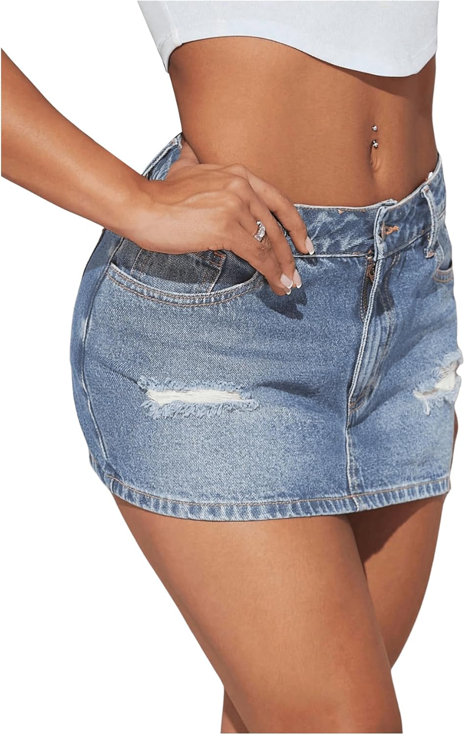 SHENHE Women's Ripped Low Rise Zip Fly Denim Skirt Sexy Y2k Vintage Jean Mini Skirt