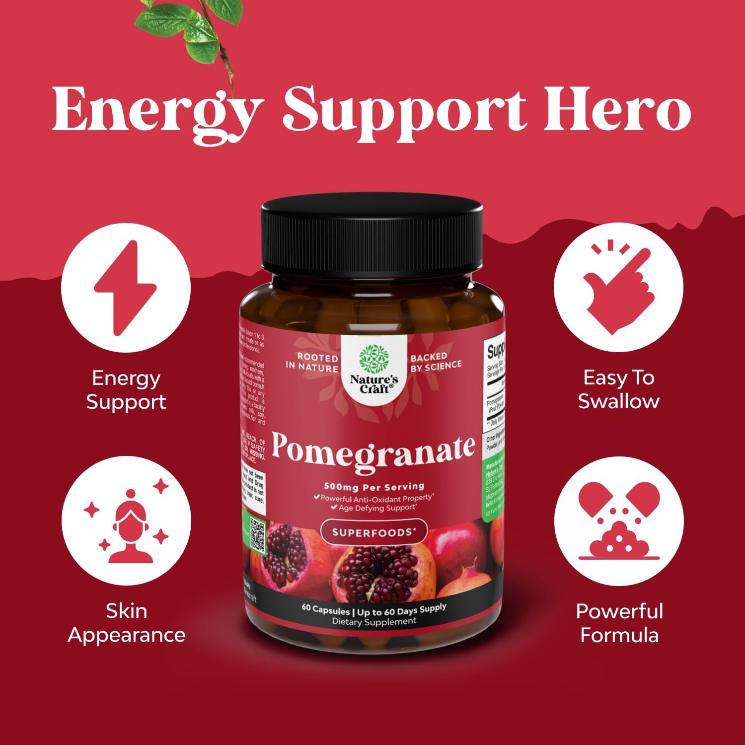 Pomegranate Extract Capsules Antioxidant Supplement - Natural Pomegranate Capsules for Heart Health Joint Support and Pre Workout for Men and Women - Nitric Oxide Supplement with Brain Health Vitamins - Image 4