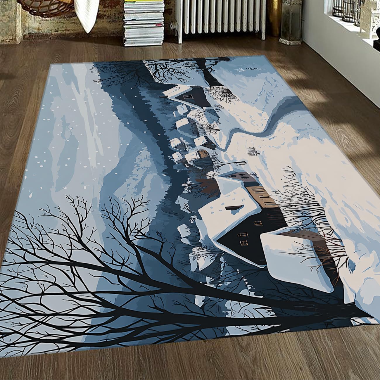 Tapis lavable village d'hiver antidérapant pour protéger votre salon