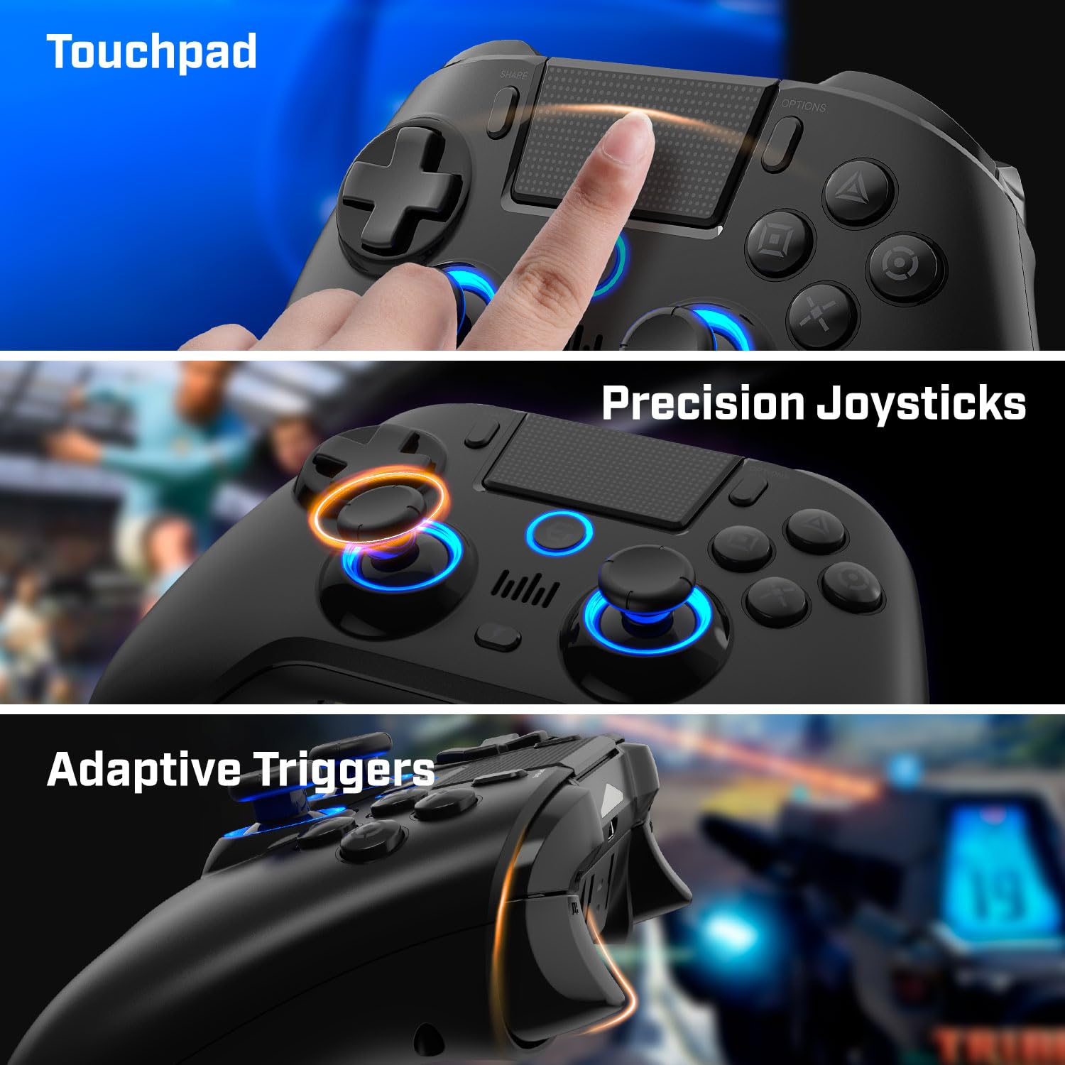 EgoGear - Manette Gaming à palettes sans fil Bluetooth SC15 Noire pour PS4/PS3/PC, RGB personnalisables, Moteurs de vibrations, Port jack 3.5mm, 800 mAh