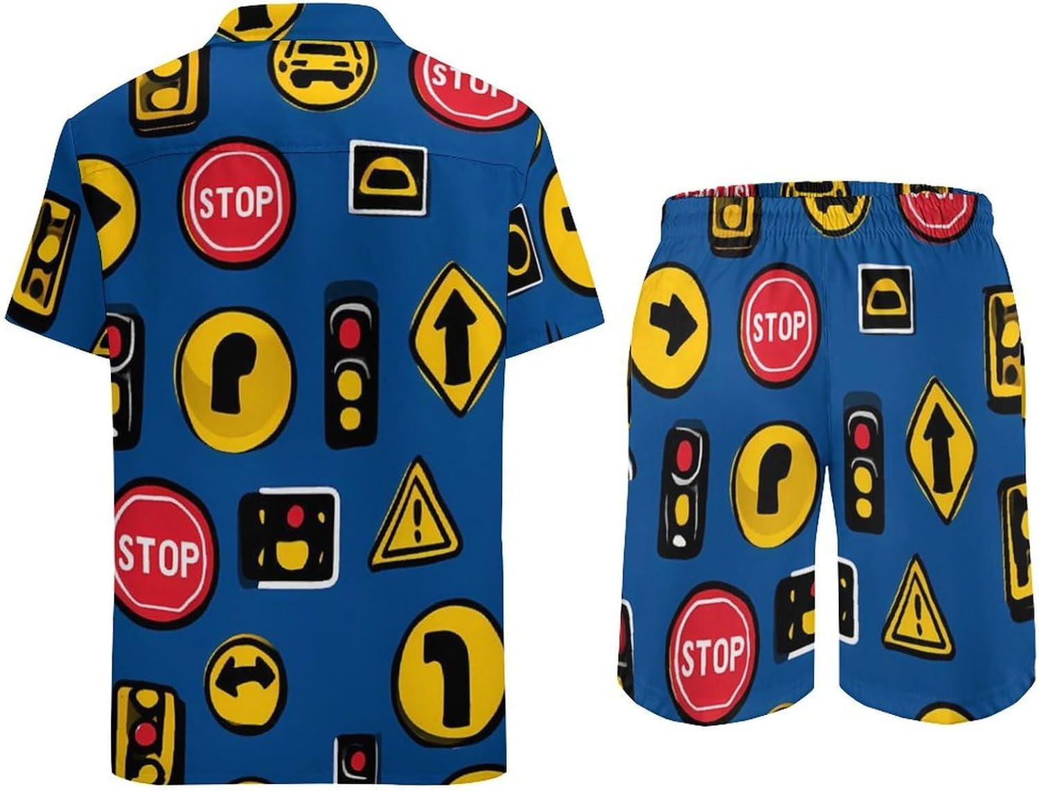 Cartoon Traffic Signs Men's Summer Beach 2 Piece Outfits | hawaiian button down shirt and shorts,vacation cruise,mens bathing suit