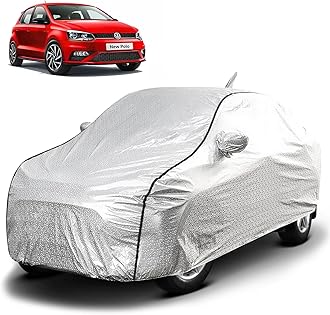 FABTEC Waterproof Car Body Cover for Volkswagen Polo with Mirror and Antenna Pocket, Soft Cotton Lining, Triple Stitched (Heat Resistant Metallic Silver with Black Piping)