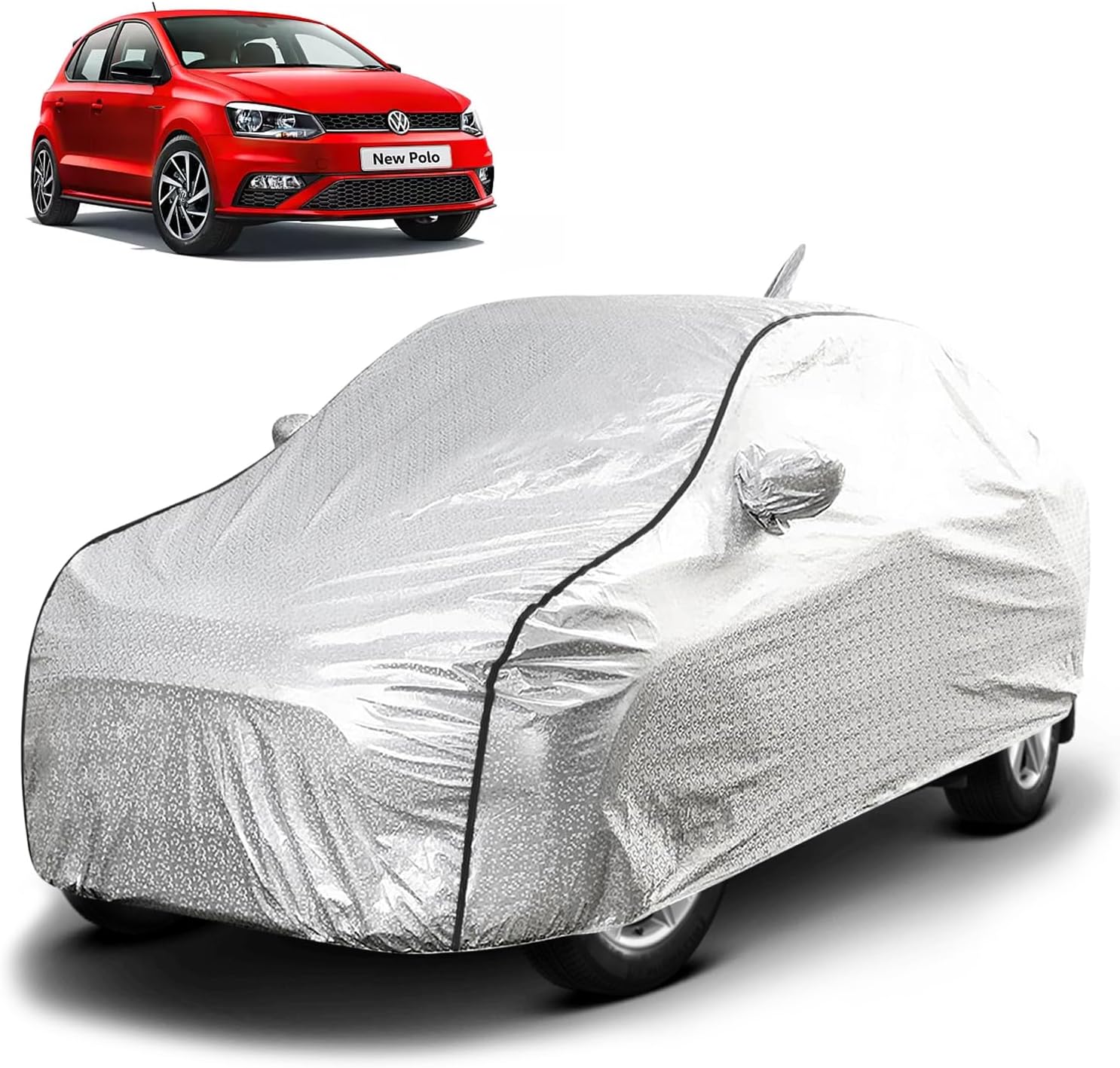 FABTEC Waterproof Car Body Cover for Volkswagen Polo with Mirror and Antenna Pocket, Soft Cotton Lining, Triple Stitched (Heat Resistant Metallic Silver with Black Piping)