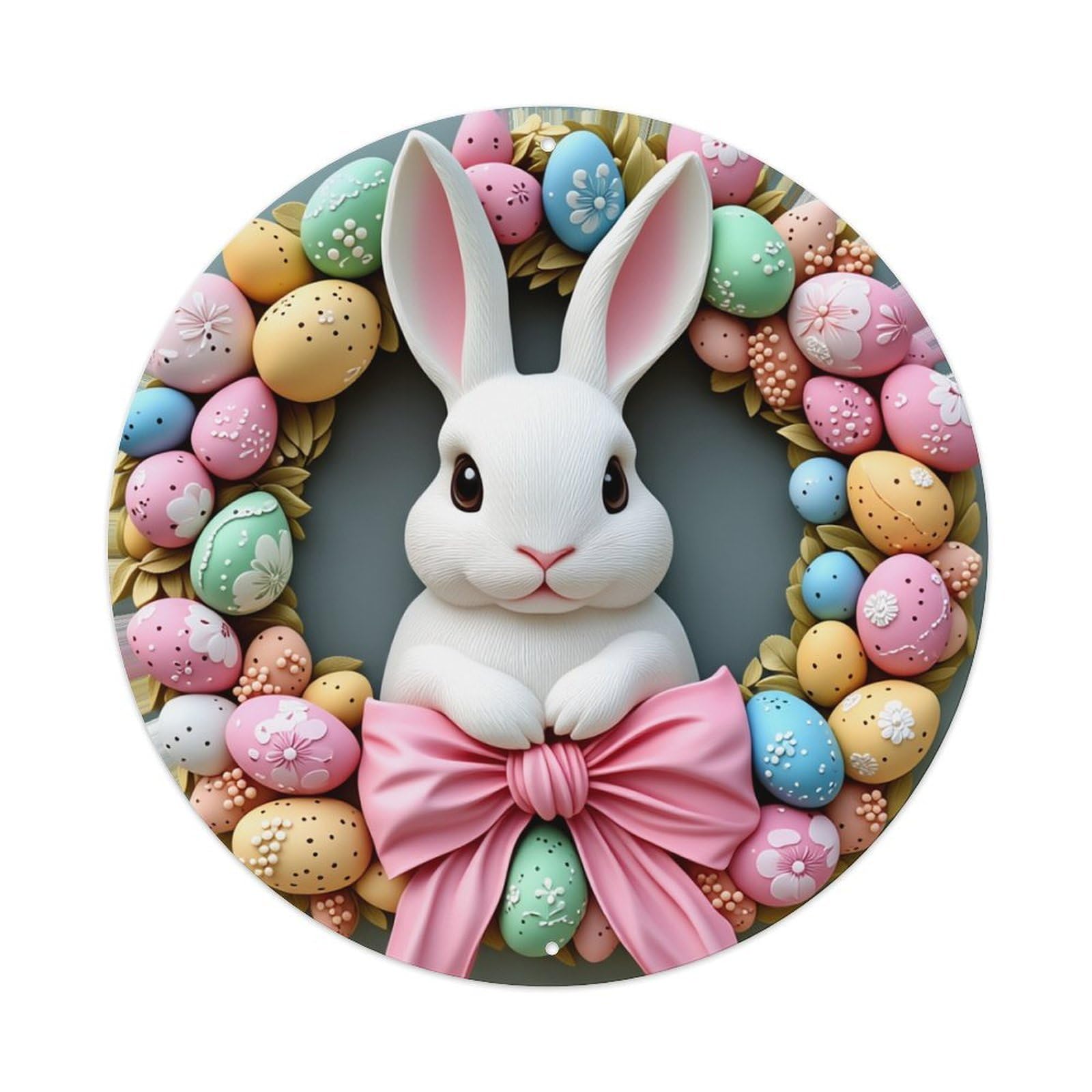 Easter Bunny Wreath Eggs Pattern Round Tin Sign Retro Metal Sign for Cafe Bar Pub Home Game Room Gym Club Wall Decoration Vintage Metal Poster 8x8 Inch