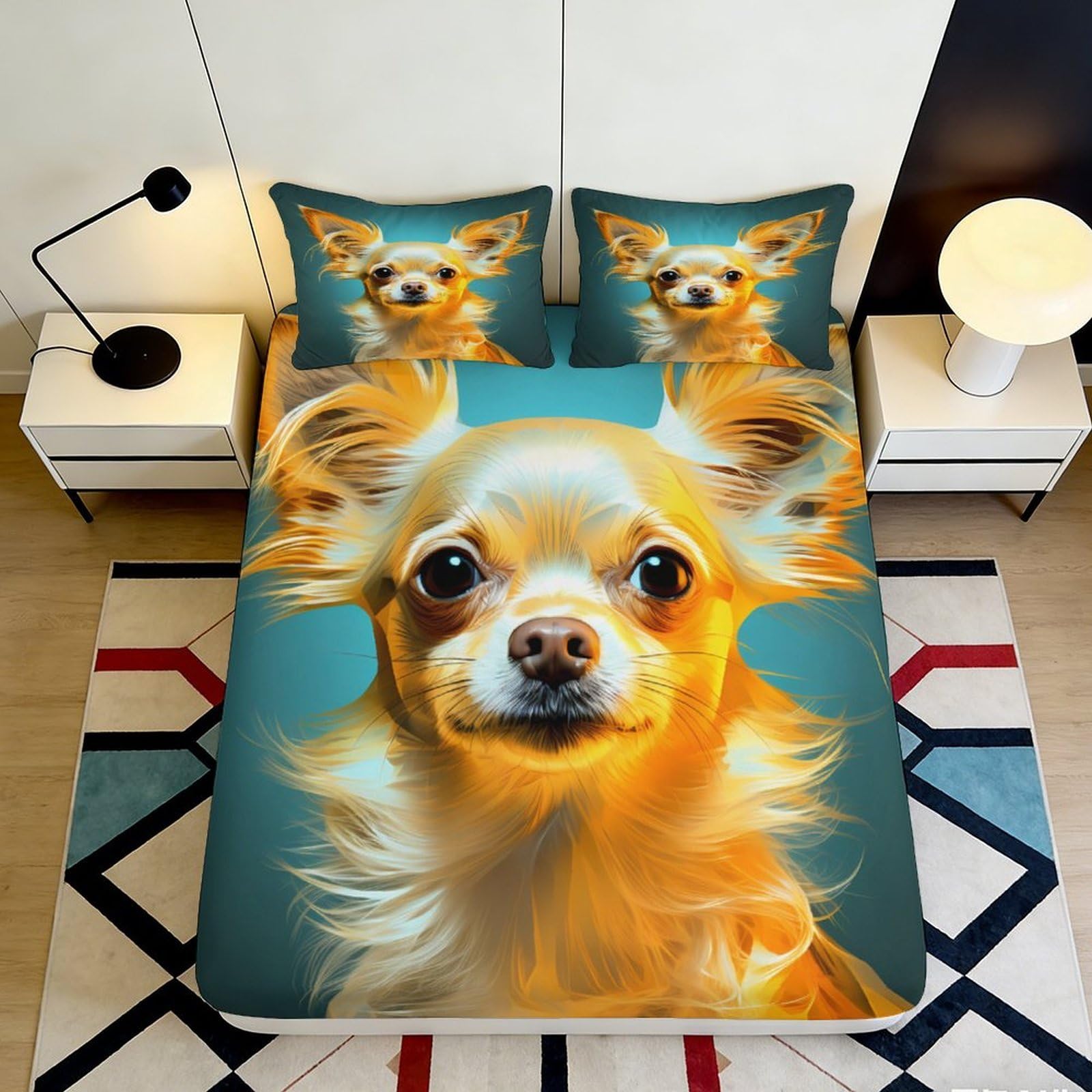 3D Printed Chihuahua Dog Pattern Fitted Sheet Microfiber Soft Durable Blue Bed Cover for Bedroom Dormitory Guest Room Mattress Protection 120x200x25cm