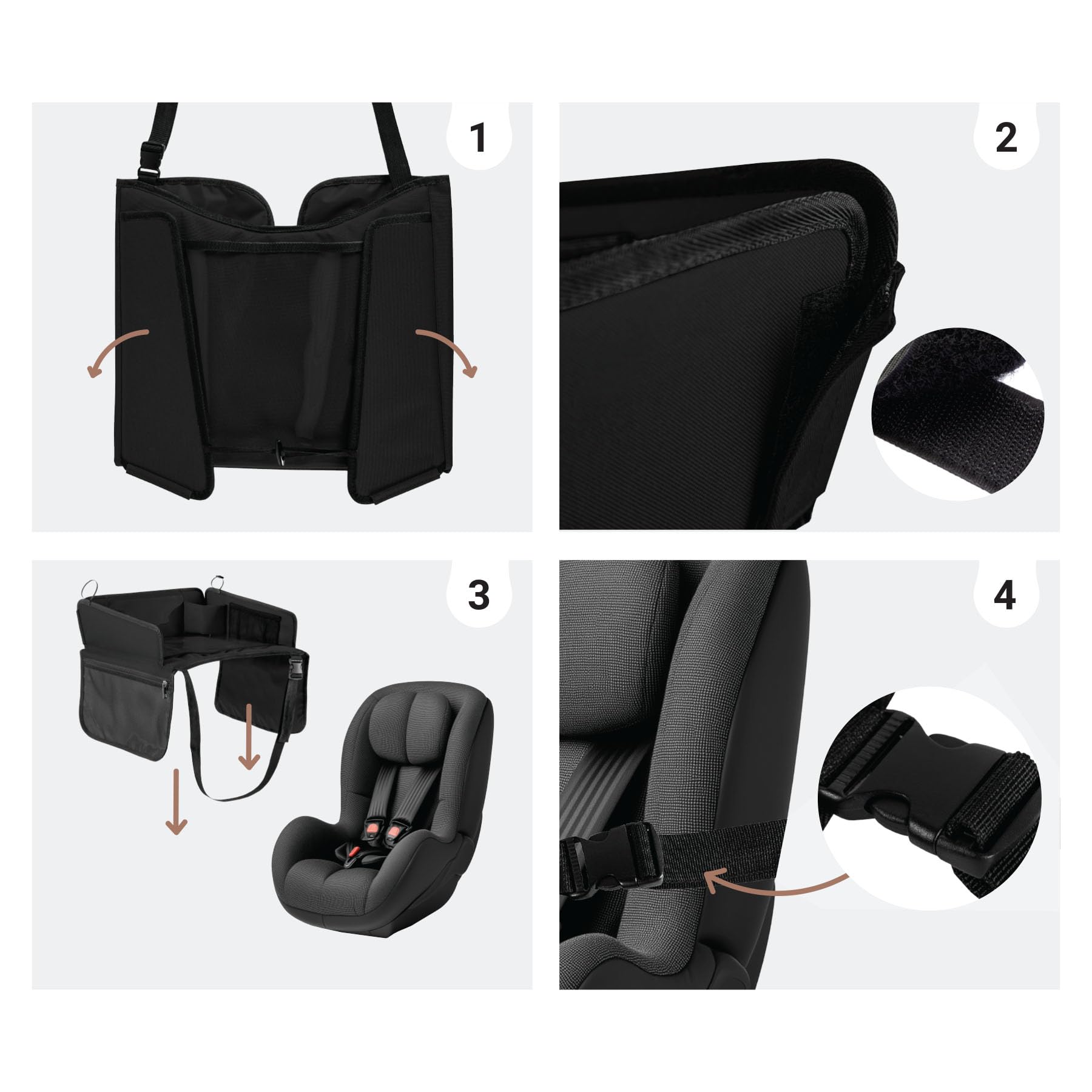 SIPO Reise-Tablett für Kindersitze – Klapptablett mit Trockenlöschfläche, Tablet-Halter (bis 11″), Getränkehalter & Taschen – faltbar, leicht, universell – Schwarz