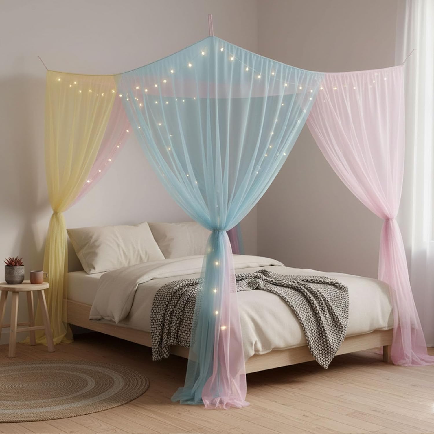 4 Corner Mosquito Net for Bed, Rainbow Canopy Bed Curtains for Full Queen King Size Bed, Elegant Princes Bed Canopy for Patio Indoor Outdoor, Halloween Decoration (Rainbow, 84.7"X82.7"X86.6")