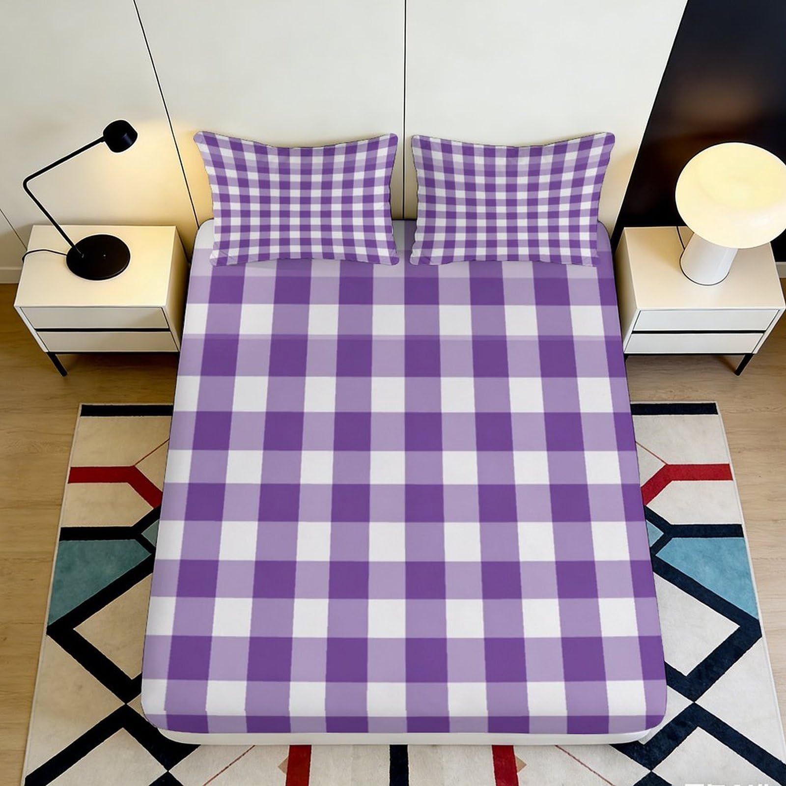 3D Printed Purple Plaid Fitted Sheet Microfiber Soft Gingham Mattress Cover Non-Slip Washable Bedroom Decor 200x200x25cm