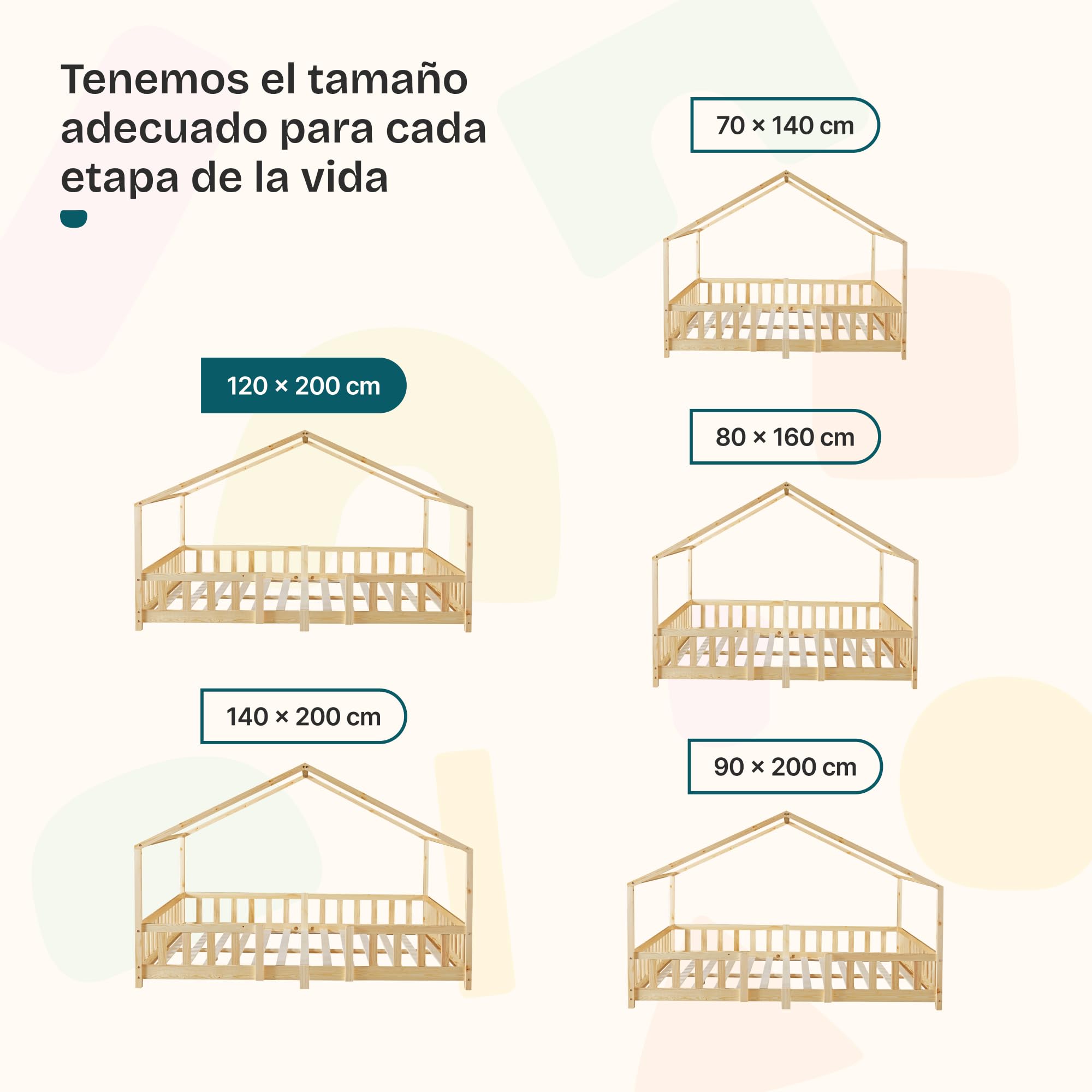 [en.casa] Cama para niños Casita Treviolo hasta 120 kg Cama Infantil con Reja Protectora Forma de casa de Madera Pino 120 x 200 cm - Pino Natural