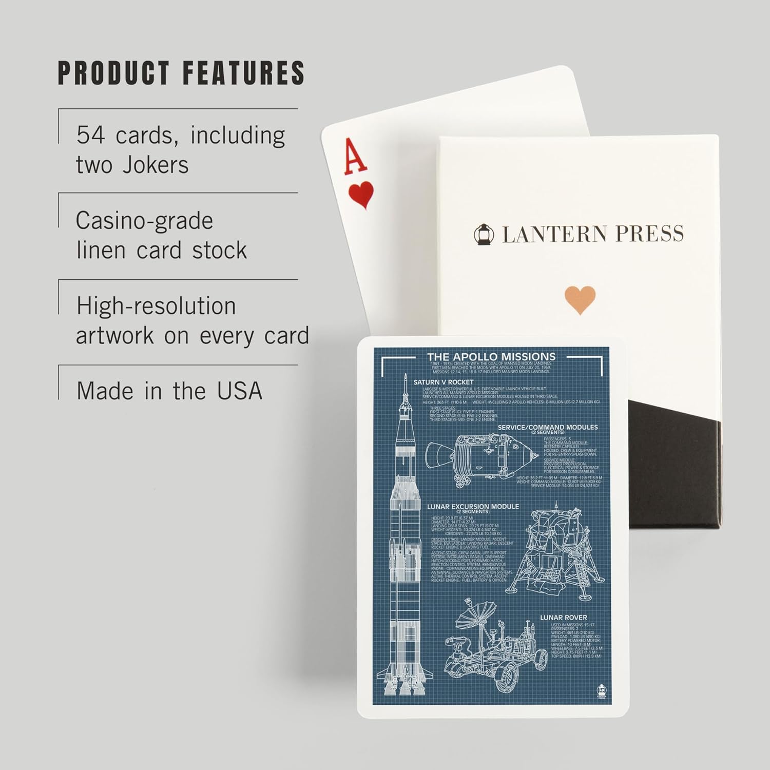 Lantern Press Apollo Missions, Blueprint, 52 Playing Cards for Adults, Poker Size Card Deck