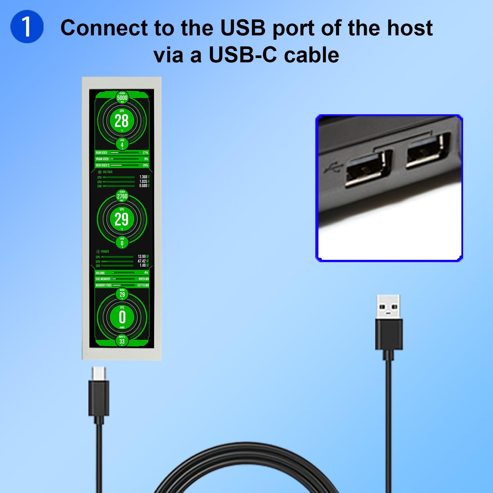 VSDISPLAY 8,8 Zoll USB-LCD-Monitor in Weiß für PC-Gehäuse | Auflösung 480 x 1920, Helligkeit 500 Nits, mit Designsoftware