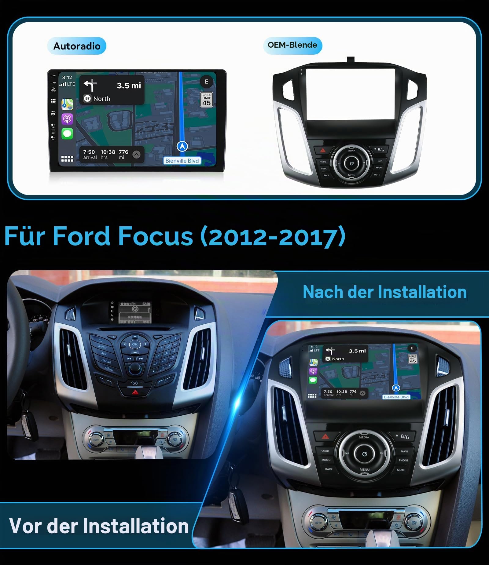 [6G+128G,Octa-Core] - MSD Autoradio für Ford Focus (2012-2017) | Android 16 GPS Navi Radio | CarPlay Android Auto Lenkradsteuerung Dual-Band WiFi DSP DAB | Rückfahrkamera MIC | 2 Din 9 Zoll