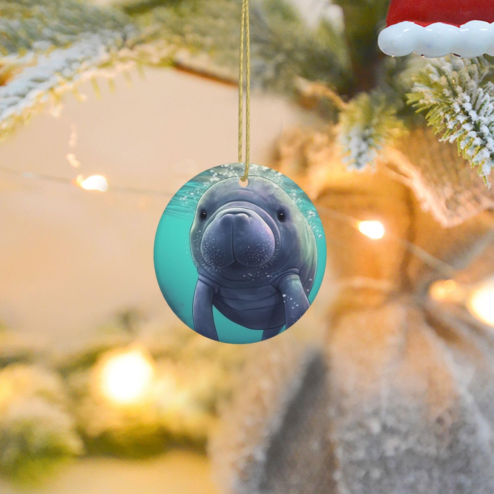 Christmas Ornaments for Christmas Tree Decoration Ceramic Hanging Cute Sea Animal Manatee Ornament with Gold Ribbon Crafts Round Pendant for Keepsake Gifts Glass Xmas Decor Party Supplies