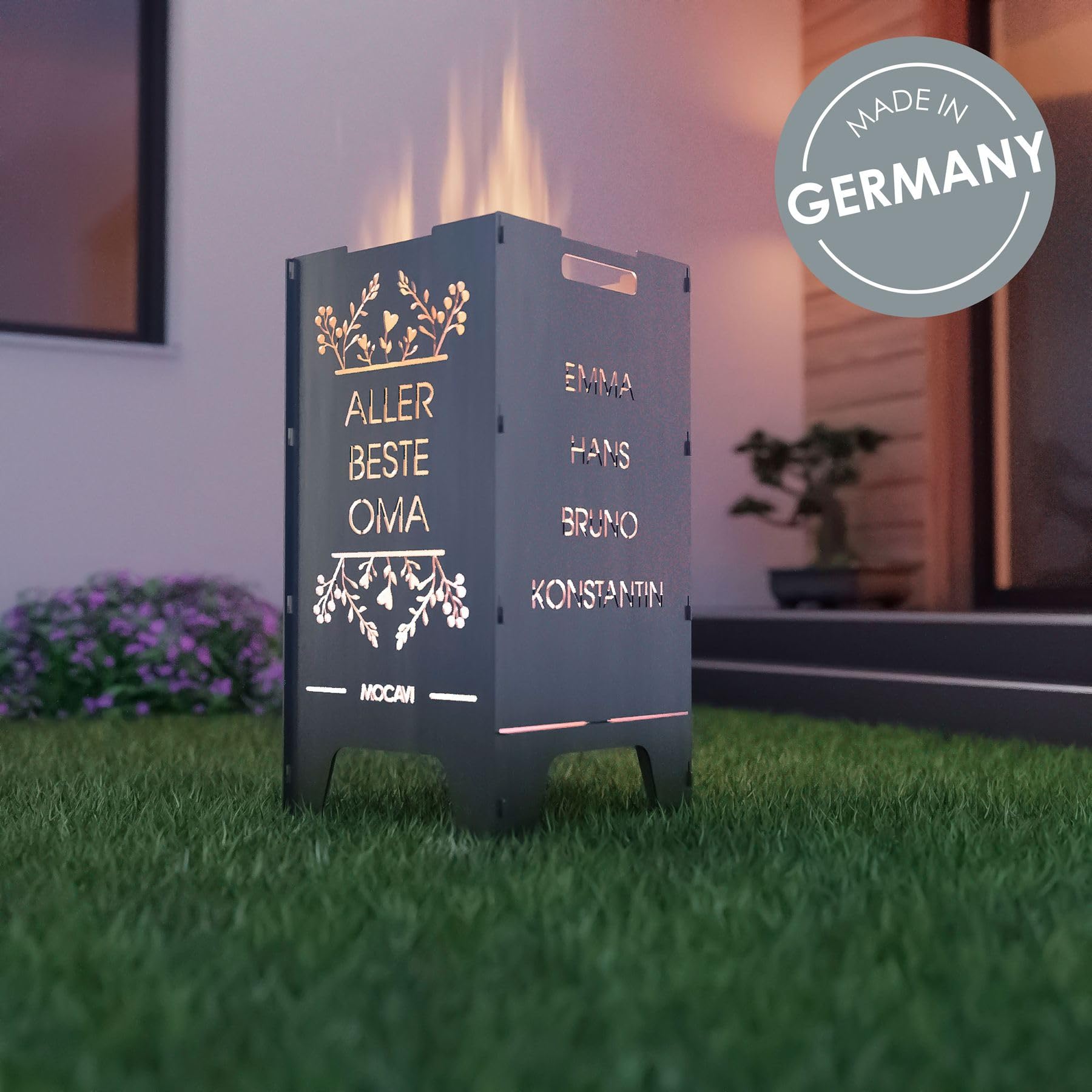 MOCAVI Feuertonne Beste 73 cm | 3 mm Stahl personalisiert Feuerkorb Feuerschale sicher massiv robust Design-Feuerfass für Garten und Terrasse groß eckig Feuerstelle Outdoor hitzefest außen