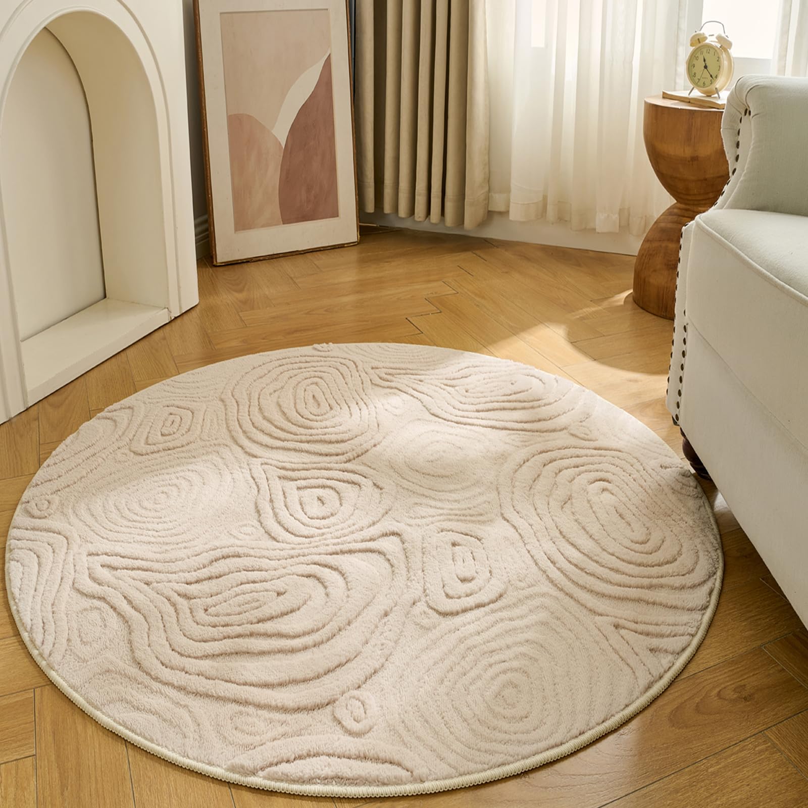 Ceneco Large Round Rugs for Living Room 120cm, Round Rug for Bedroom Machine Washable Non-Slip, Circle Short Pile Rug-3D Geometric Pattern, Fluffy Beige Rugs for kids Beside Lounge Nursery(Beige) — image 1