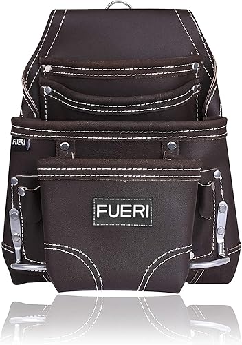 FUERI Bolsa de herramientas de cuero para carpinteros con 10 bolsillos para cinturón  Cuero curtido al aceite de alta calidad, organizador de