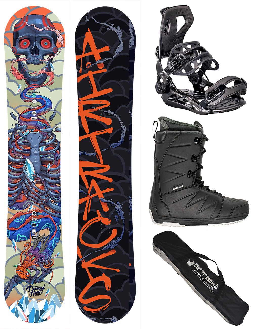 Airtracks Herren Snowboard Set Freeride Freestyle Diamond Heart Carbon Wide Hybrid Rocker + Snowboard Bindung Master + Snowboardboots + Sb Bag 150 155 160 cm