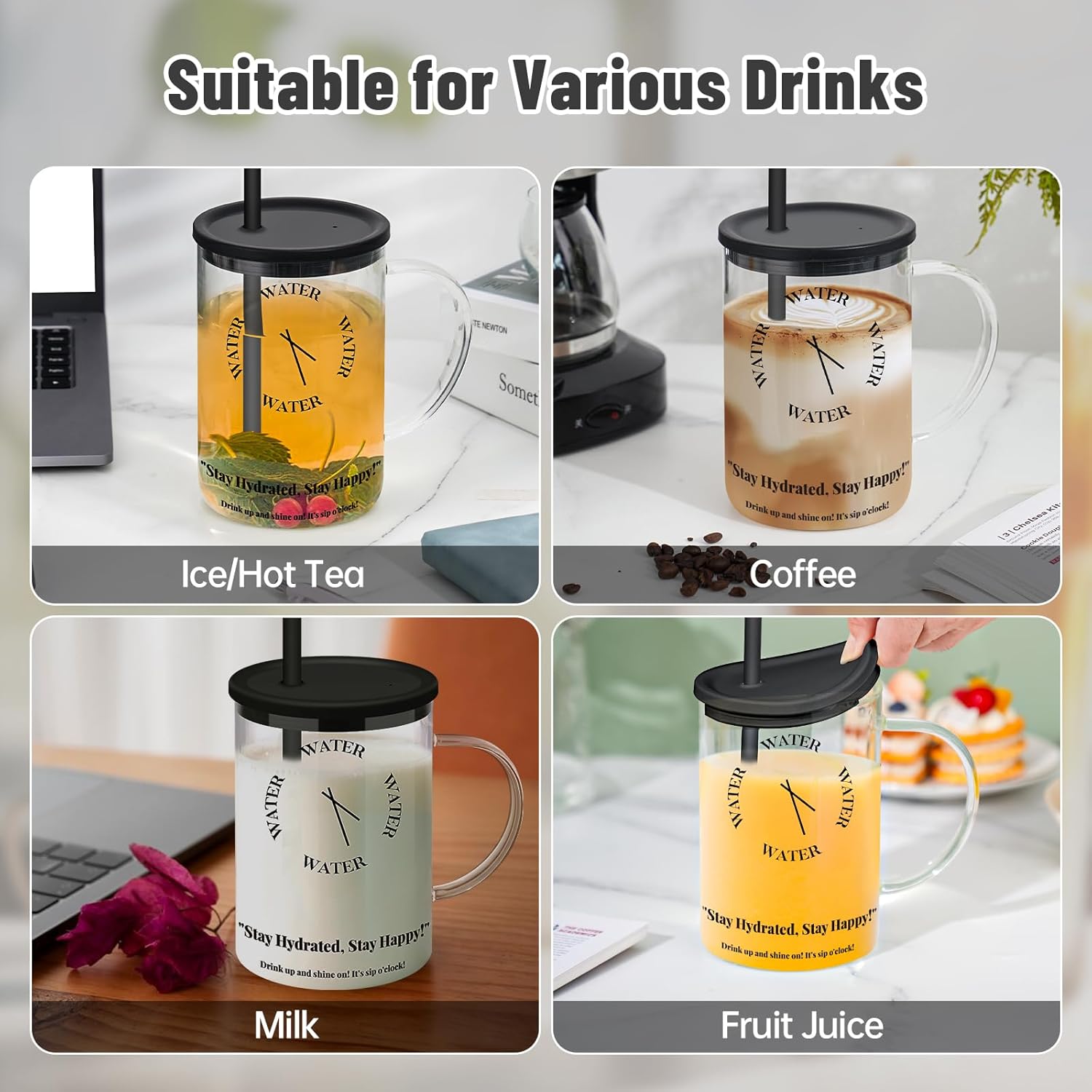 NiHome 33oz Glass Handle Cup with Silicone Lid and Straw for Daily Hydration, Large Capacity for Hot Tea, Iced Coffee, Smoothies, Ergonomic Design with Modern Minimalist Clock Pattern, Dishwasher Safe - Image 4