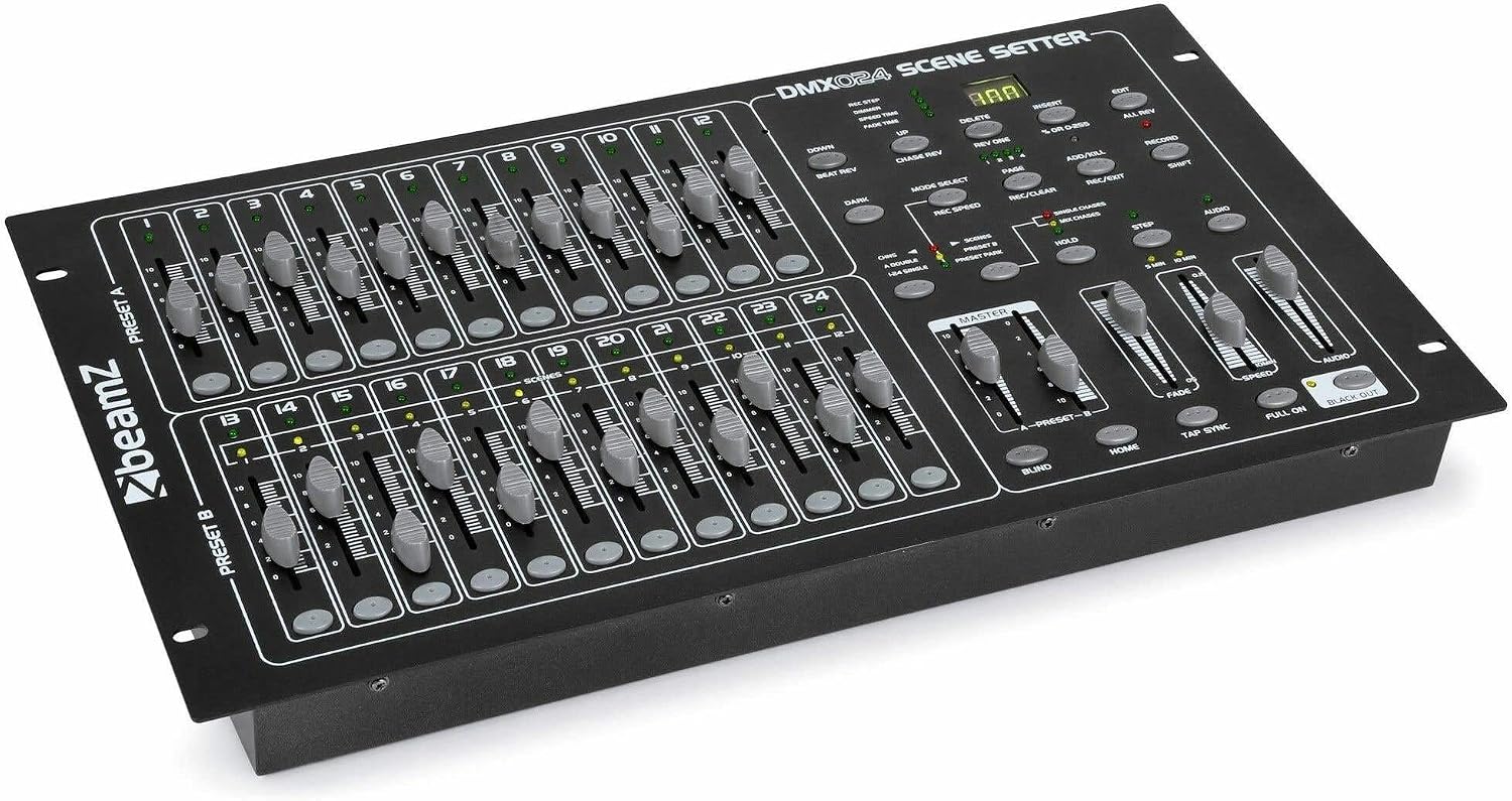 BeamZ DMX-024 Controller for Stage Lighting - 24-Channel DMX Light Control Panel, MIDI Interface, 48 Program Memories, Sound Activation, 19 Inch Rack Mountable 6U