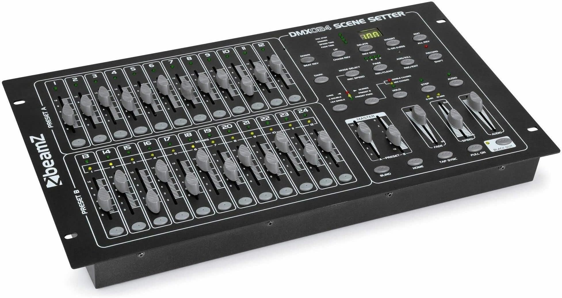 DMX-024 Controller for Stage Lighting - 24-Channel DMX Light Control Panel, MIDI Interface, 48 Program Memories, Sound Activation, 19 Inch Rack Mountable (6U)