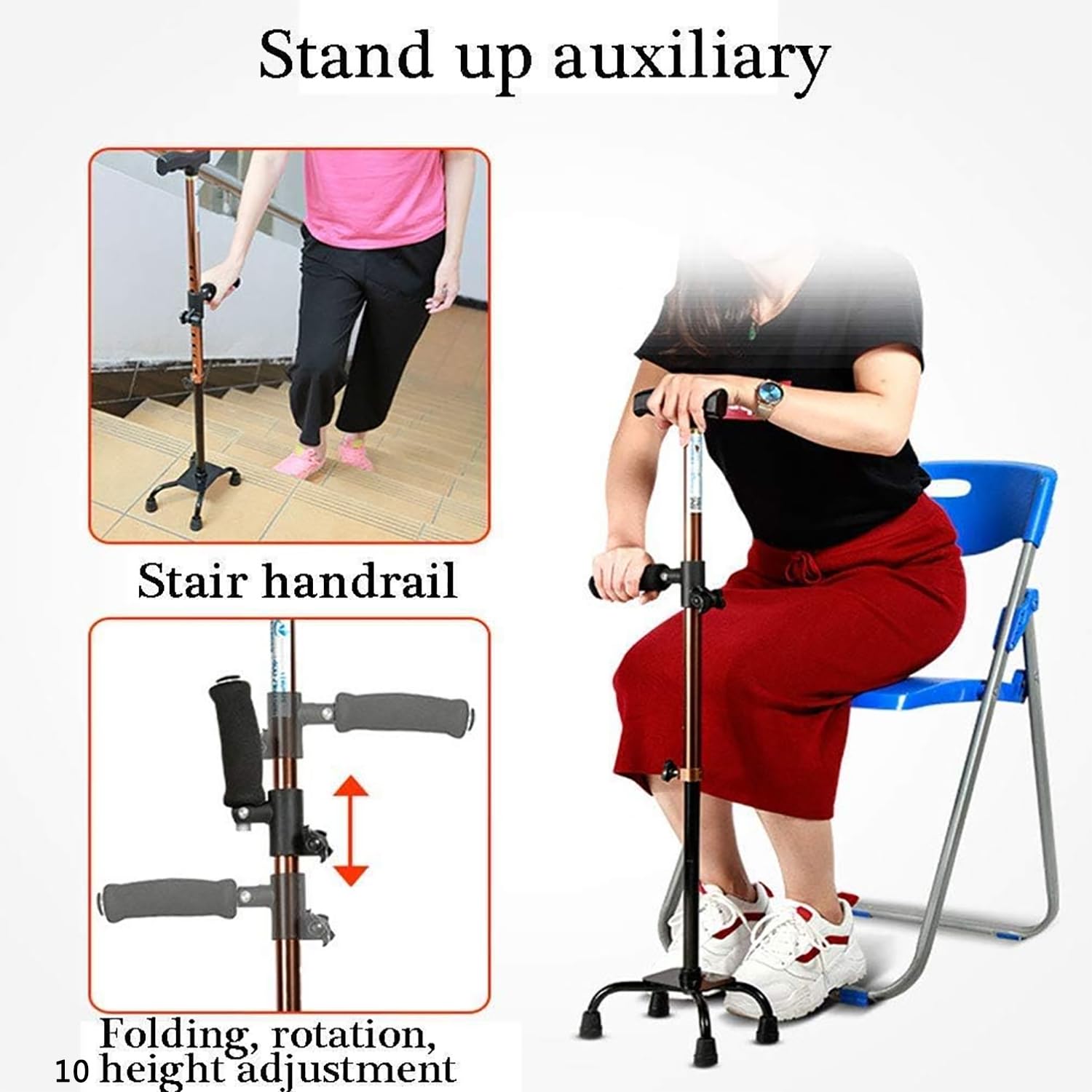 TsoLay Muletas De Cuatro Patas, Bastón De Aluminio para Subir Escaleras con Asa Lateral Y Base De 4 Patas, 10 Alturas Ajustables 62-85cm, Capacidad De Carga 100kg, para Ancianos