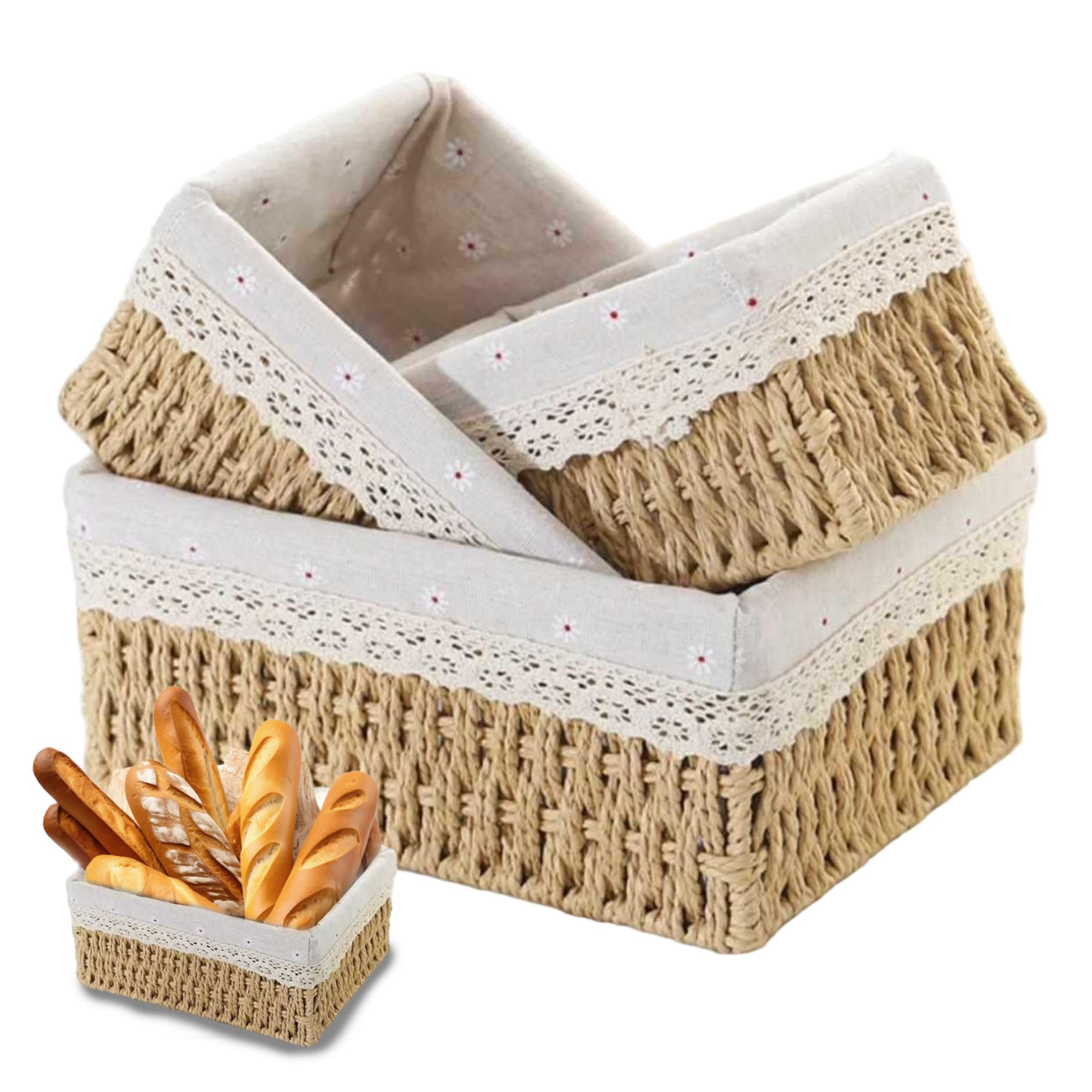 Cesta para pan y organizador de mimbre rectangular con forro para hogar y oficina (Juego de 3)