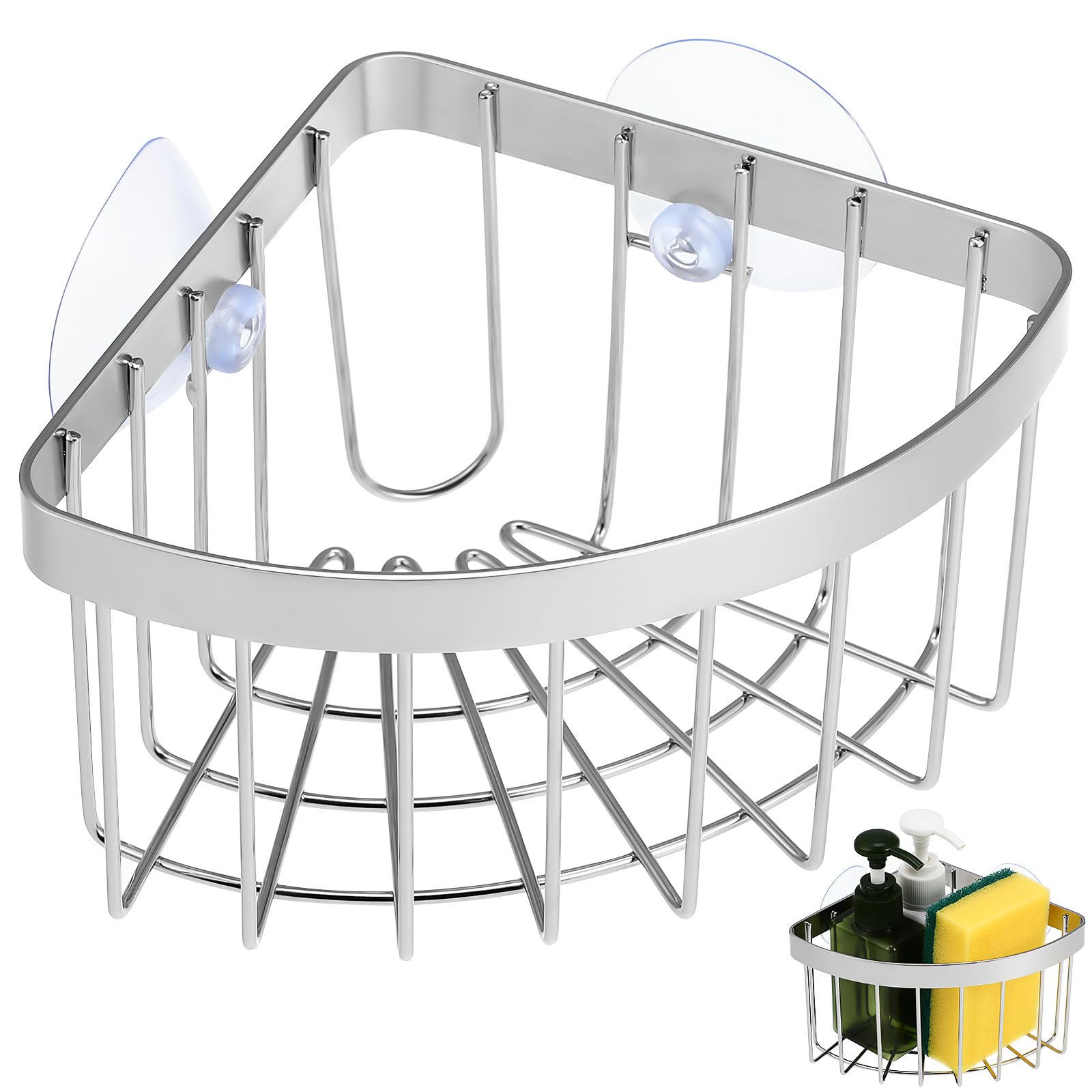 Veemoon Suction Corner Stainless Steel Caddy Kitchen Sink Sponge Holders And Organizers No Drilling Corner Rack Movable Faucet