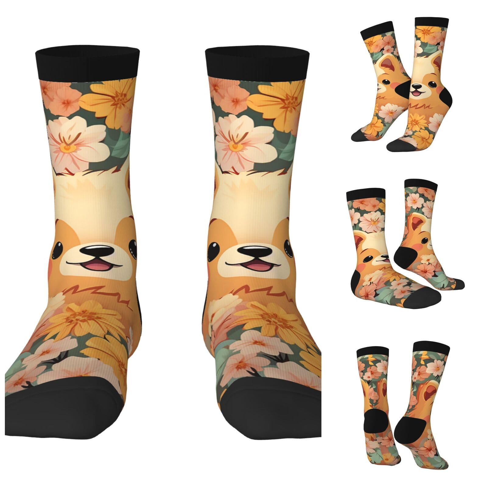 LZQPOEAS Pomeranians Cartoon Flowers Athletic Socks Unisex Cushioned Crew Socks Hiking Running Calf Sock Soft Above Ankle Sock