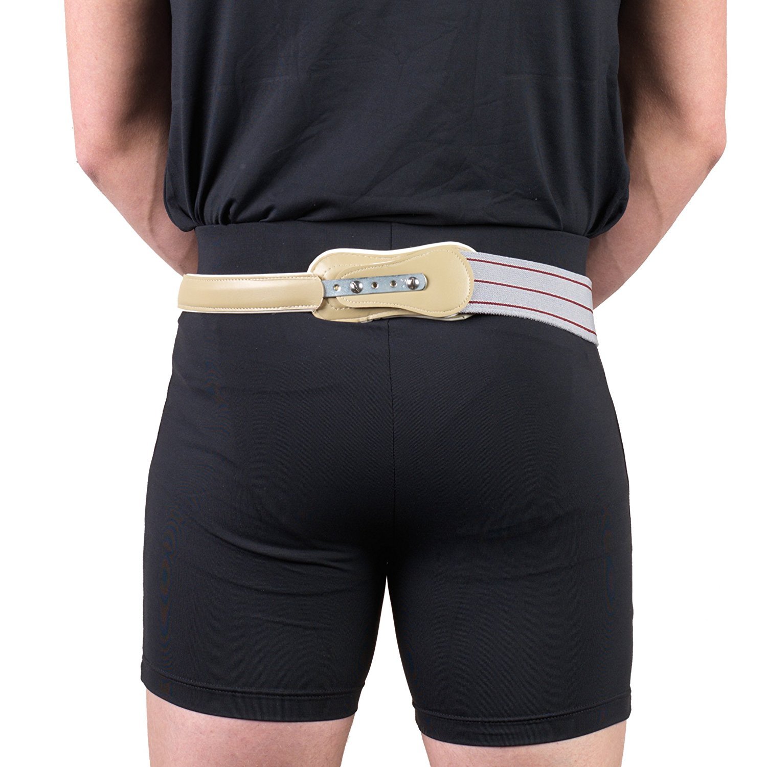 Hernia Truss, Single Spring, Scrotal Pad Compression, Leather, Buckle, 32 inch Hip (Right)