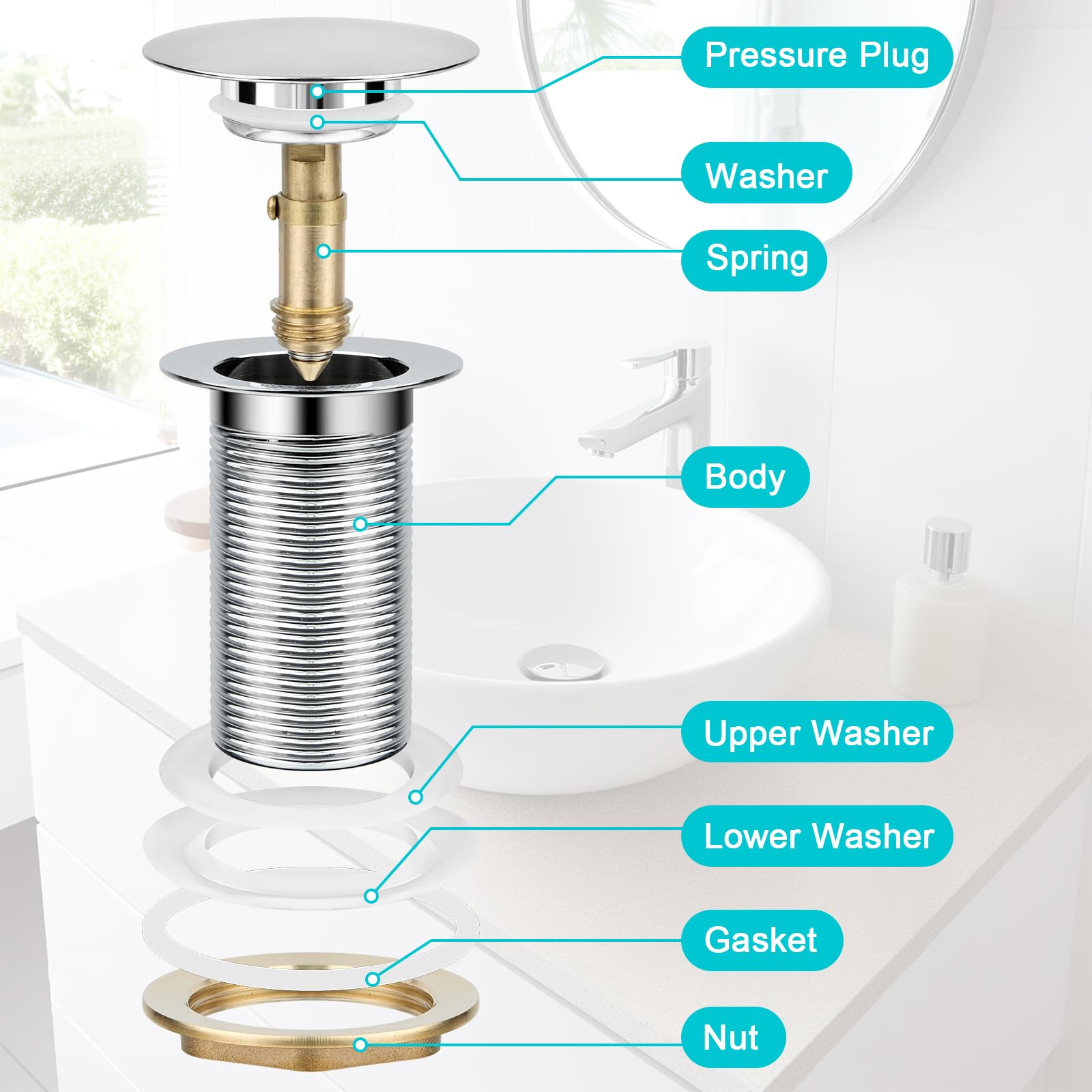 Piletta Per Lavabo Senza Troppopieno - Valvola Click Clack 1 1/4", Bianca, Facile Installazione