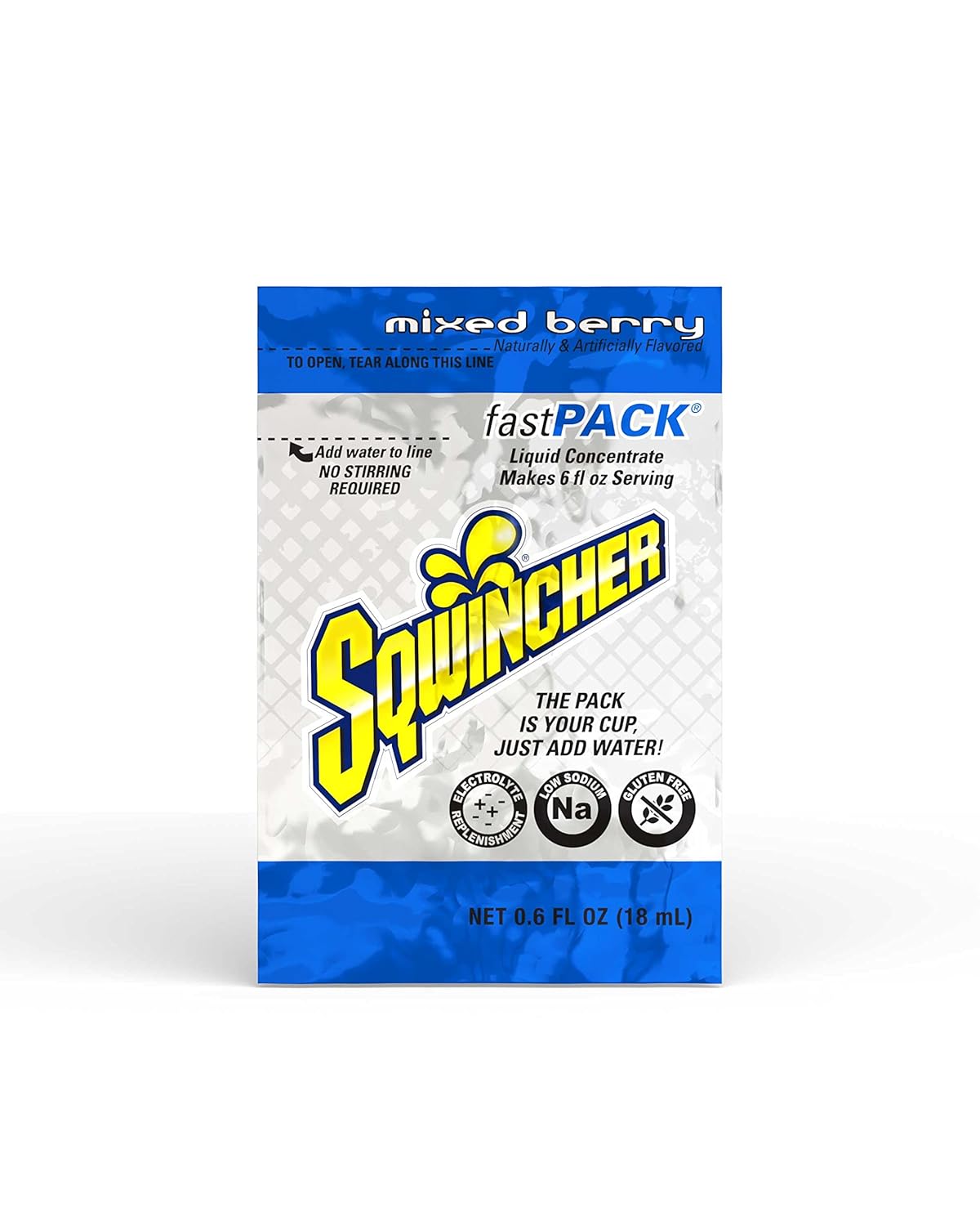 Sqwincher Fast Pack Liquid Concentrate | Mixed Berry Flavored | Low Calorie | Low Sodium | Electrolyte Replenishment Hydration Drink Mix | Just Add Water to Pouch | .6 oz Packet (4 Packs of 50)