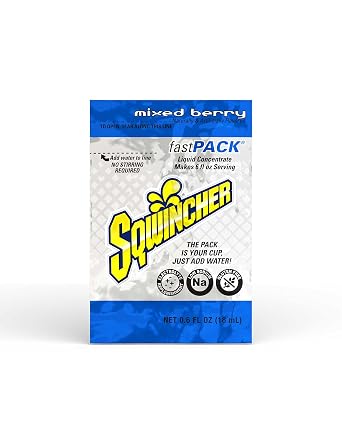 Sqwincher Fast Pack Liquid Concentrate | بنكهة التوت المختلط | منخفض السعرات الحرارية | منخفض الصوديوم | مزيج مشروب الترطيب لتجديد الإلكتروليت | فقط أضف الماء إلى الحقيبة | عبوة 6 أونصة 4 عبوات من 50