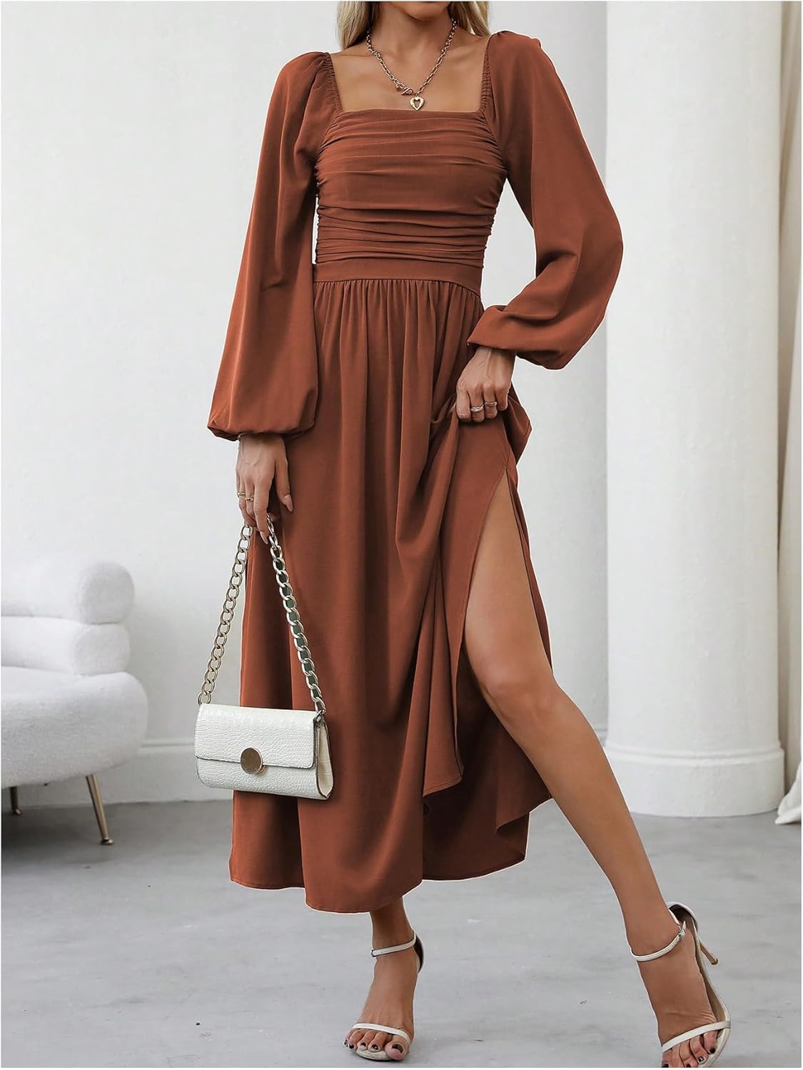 Floerns Women's Square Neck Lantern Long Sleeve Dress Split Ruched Party Midi Dresses - Image 3