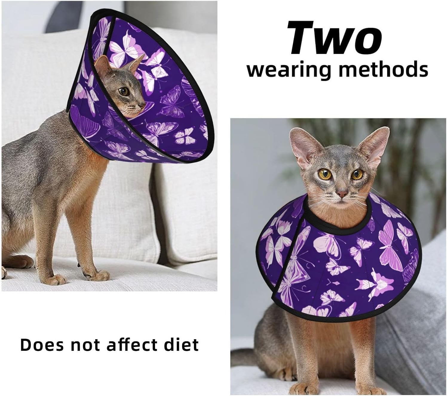 Purple Butterflies Floral Print Cat Cone Collar, Adjustable Elizabethan Collar, Soft Dog Recovery Collars, for Small Large Cats