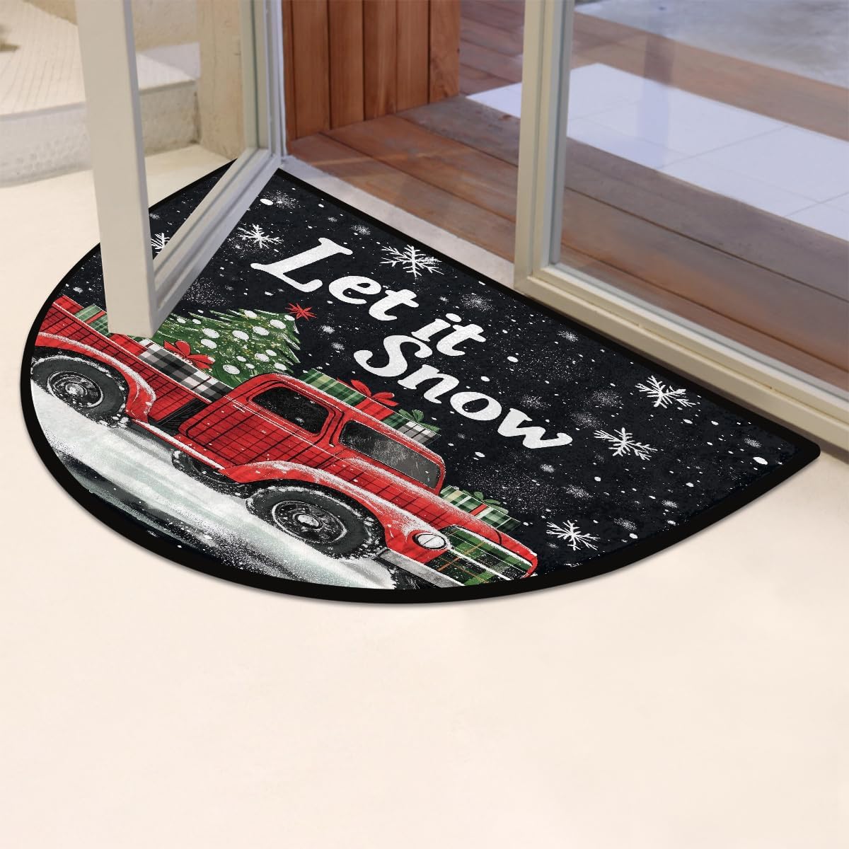 Christmas Tree Car Gift Half Round Door Mat Non Slip Washable Semi Circle Area Rug Absorbent Soft Half Moon Rug Floor Mat for Indoor Outdoor Kitchen Bathroom Patio Front Door Mat Decor